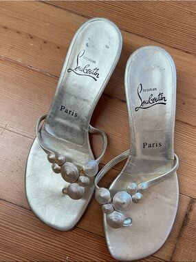 Christian Louboutin Metallic Gold Beaded Slide Sandals